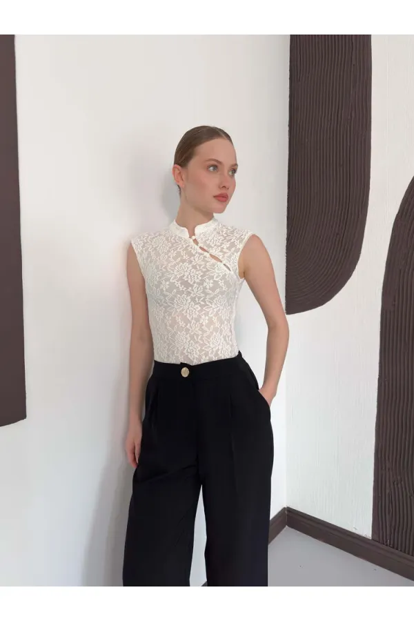 D 2997 KOLSUZ DANTEL BLUZ - KREM