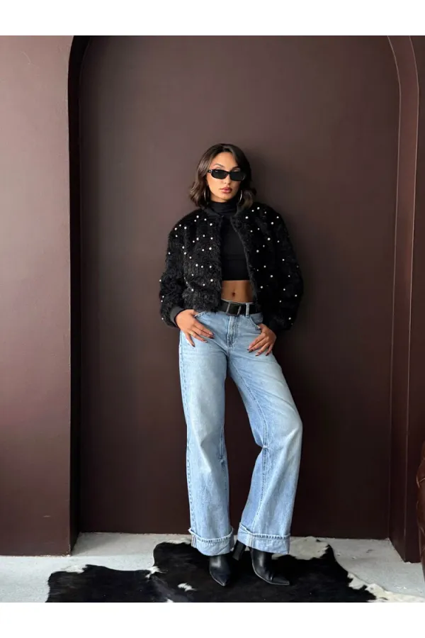 Topshow - Veste bomber en fausse fourrure (vente en gros) - Détails perles - Noire