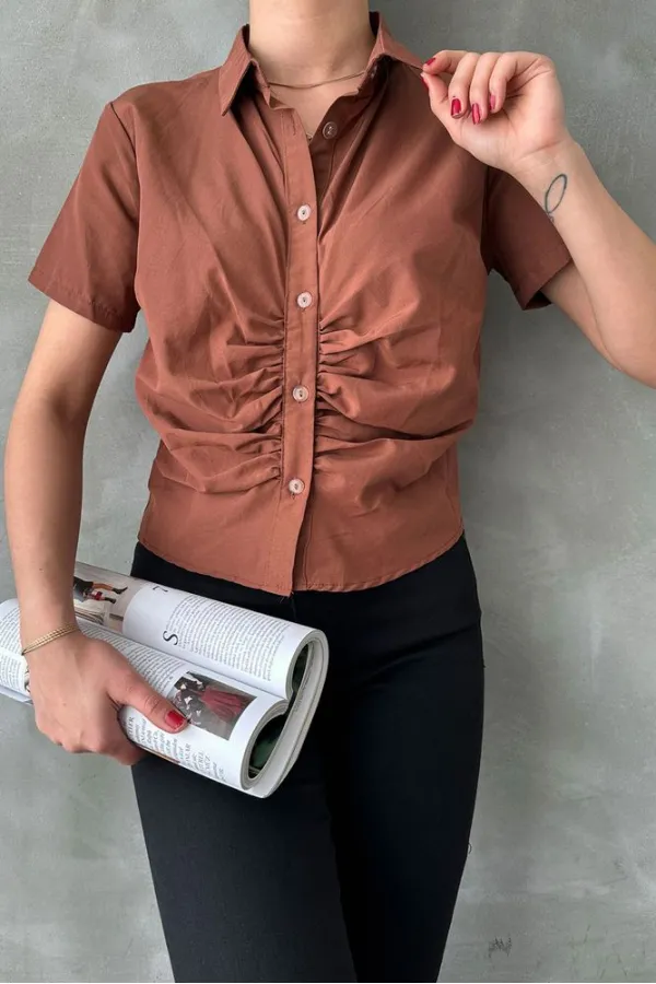 Topshow Brown Gipel Front Gathered Wholesale Blouse