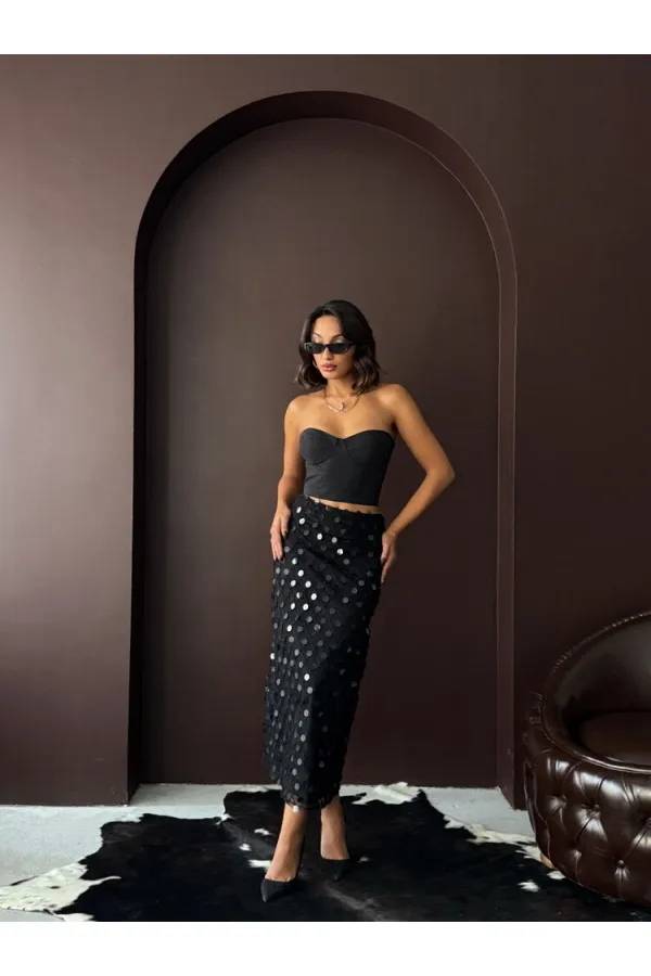 Jupe midi de soirée Topshow à sequins - Noire | Automne/Hiver 2012