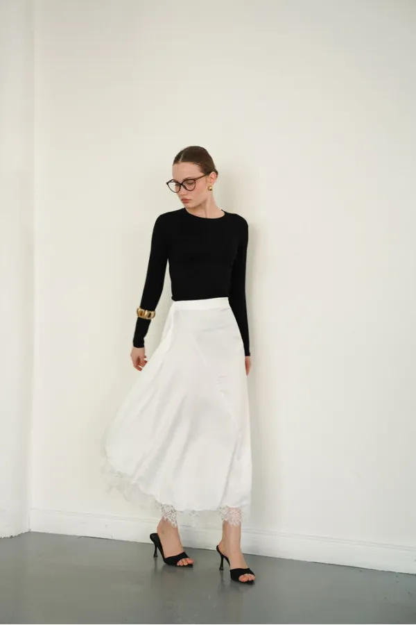 Dantel Detaylı Saten Toptan Etek - Krem | D2930 - Topshow