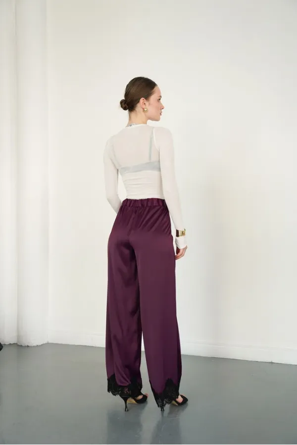 Wholesale Satin Trousers with Lace Hem - Plum | D2969 - Topshow
