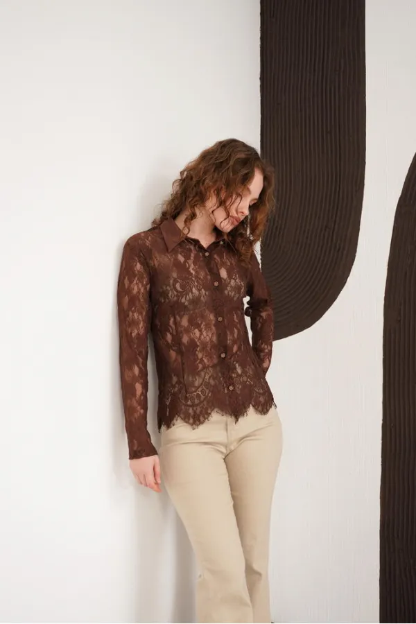 Wholesale Lace Shirts - Coffee | F2073 - Topshow