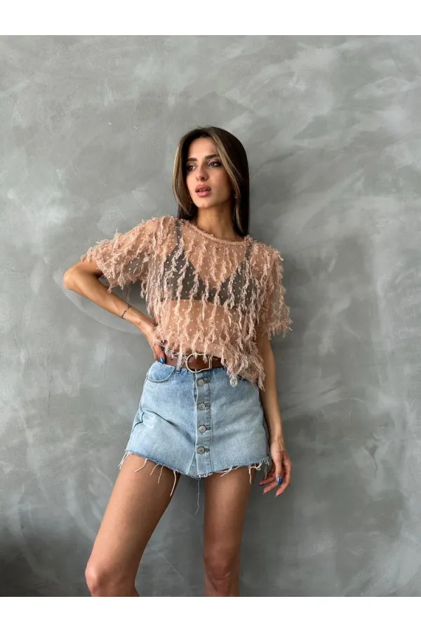 Topshow Somon Simli Saçaklı Toptan Bluz