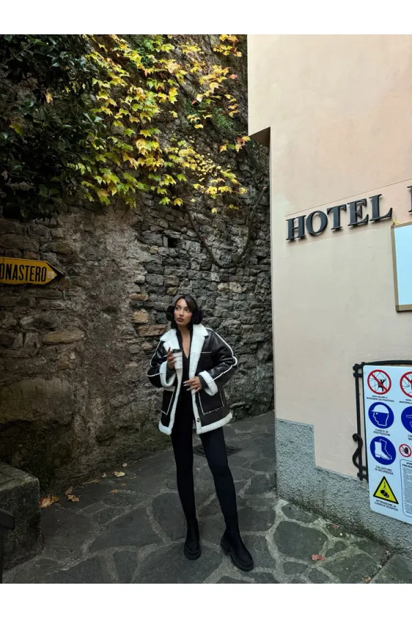 Deri Kürklü Toptan Mont - Siyah Krem | TOPSHOW | F1537