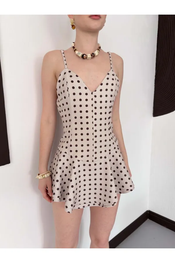 D3003  PUANTİYELİ ASKILI MİNİ ELBİSE - TAŞ KAHVE