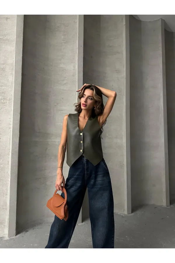 Gilet en cuir boutonné en gros - Kaki | TOPSHOW | F1515