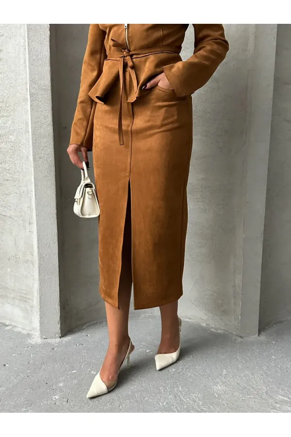 Süet Toptan Etek - Taba | TOPSHOW | F1761