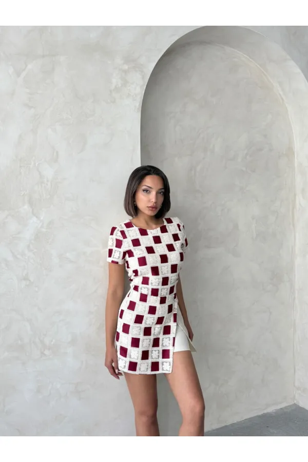 Dantel Detaylı Şort - Taş Bordo | Topshow