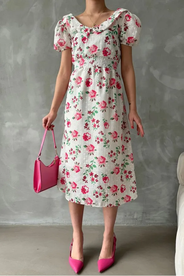 Topshow Fuchsia Embroidery Detailed Patterned Wholesale Dress