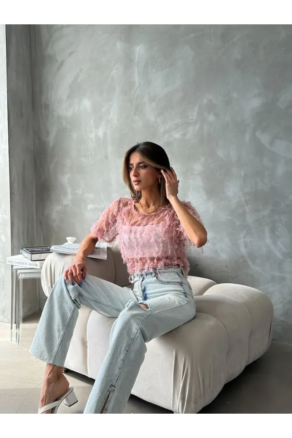 Topshow Pudra Simli Saçaklı Toptan Bluz