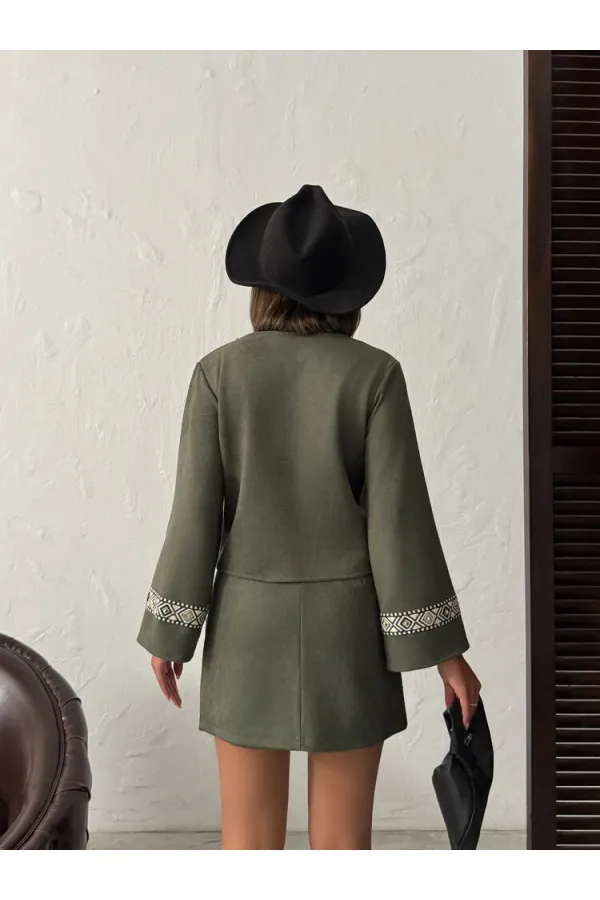 Topshow Şerit Detaylı Scuba Süet Fermuarlı Ceket - Haki | F1971