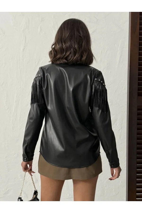 Chemise en similicuir à franges tombantes F 2043 - Noire