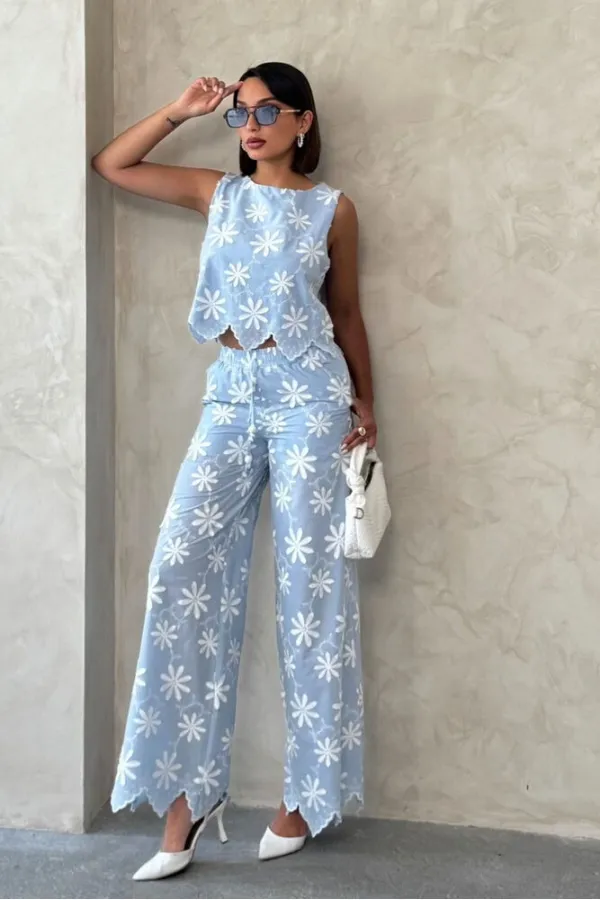 Nakışlı Toptan Pantolon - Mavi | Topshow