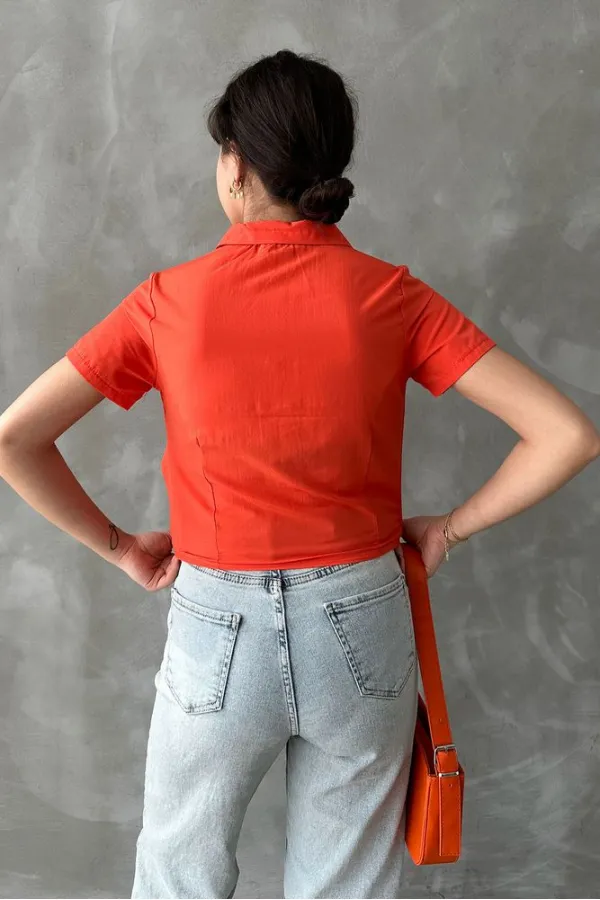 Topshow Orange Gipel Front Gathered Wholesale Blouse