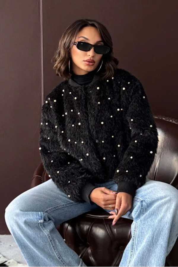 Topshow - Veste bomber en fausse fourrure (vente en gros) - Détails perles - Noire