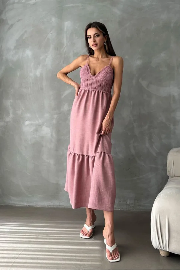Topshow Powder Linen Strap V-Neck Full Length Wholesale Dress