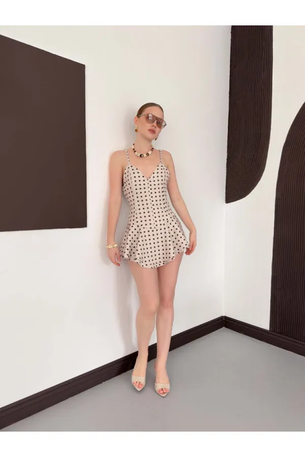 D3003  PUANTİYELİ ASKILI MİNİ ELBİSE - TAŞ KAHVE