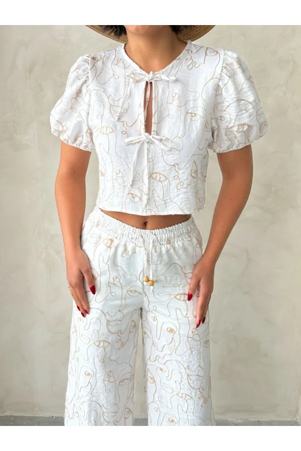 Embroidered Front Tie Wholesale Blouse - Cream | Topshow