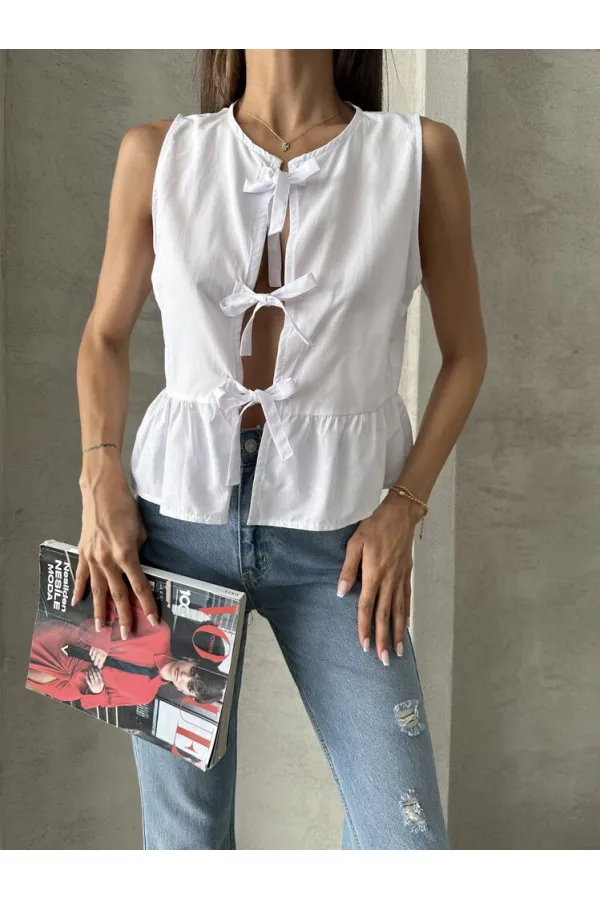 Topshow White Front Tie Wholesale Blouse