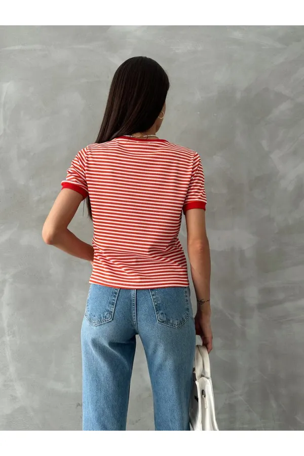 Topshow Oranj Kırmızı Nakışlı Çizgili Toptan Tişört