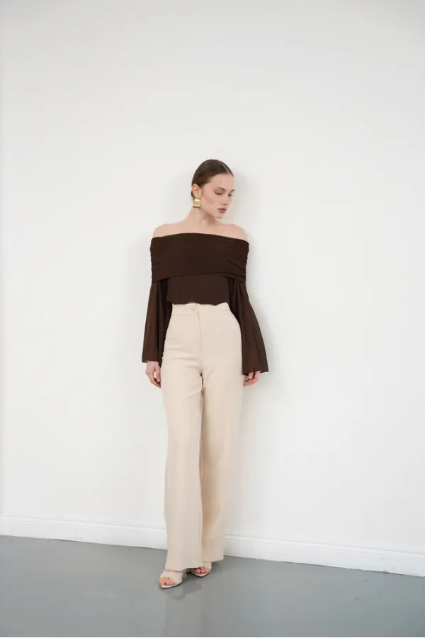 Blouse en tulle à manches longues en gros - Café | D2977 - Topshow