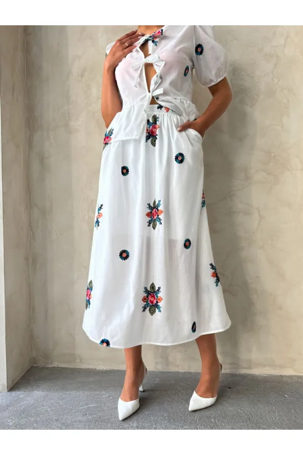 Nakışlı Vual Etek - Krem - D2879 | Topshow