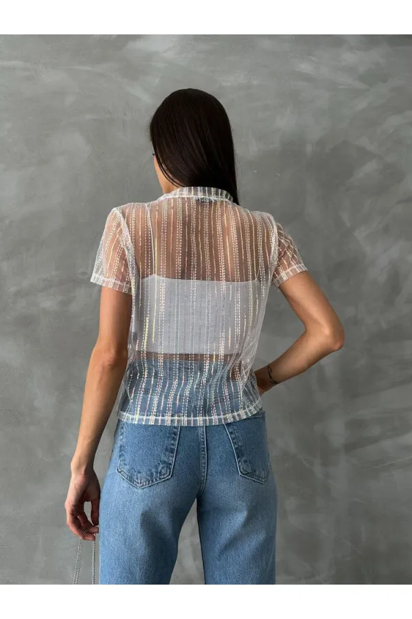 Topshow Krem Pullu Tül Toptan Tişört