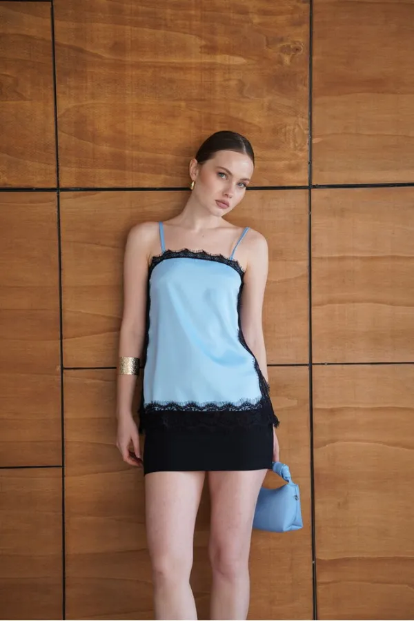 Lace Detail Strappy Satin Tunic - Blue | D2931 - Topshow