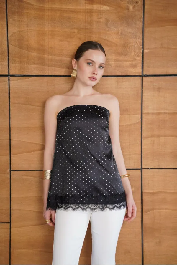 Bustier en satin noir à pois et détails en dentelle | D2963 - Topshow