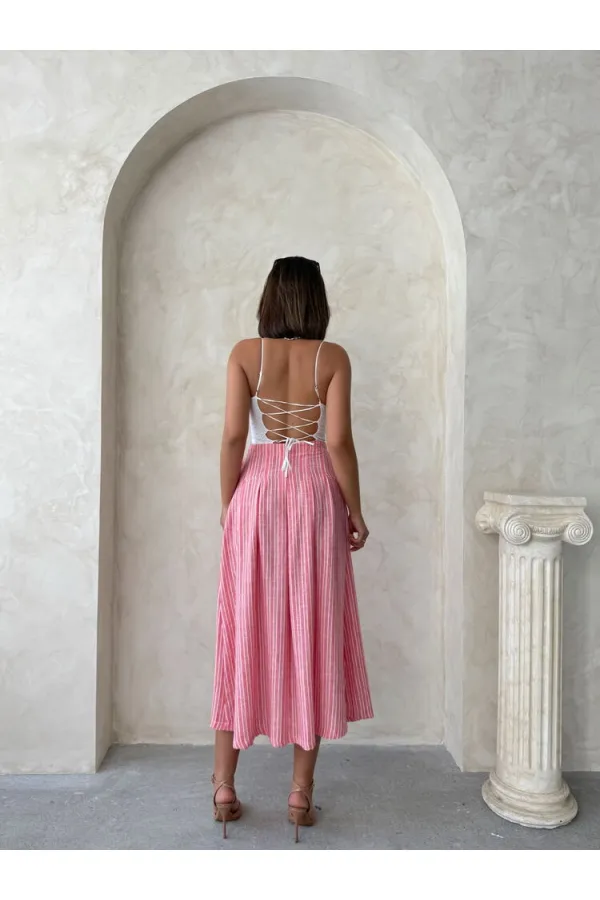 Çizgili Keten Etek - Pembe | Topshow | F1918