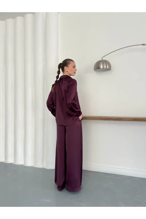 Yüksek Bel Bol Paça Saten Pantolon – Şık Ve Rahat Tasarım - Mürdüm | F2052