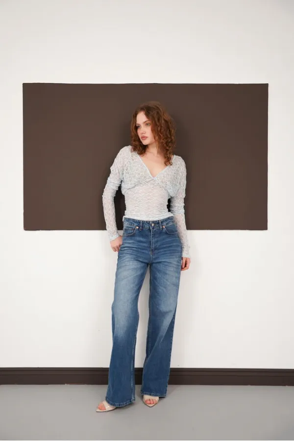 V Neck Guipure Wholesale Blouse - Blue | F2093 - Topshow