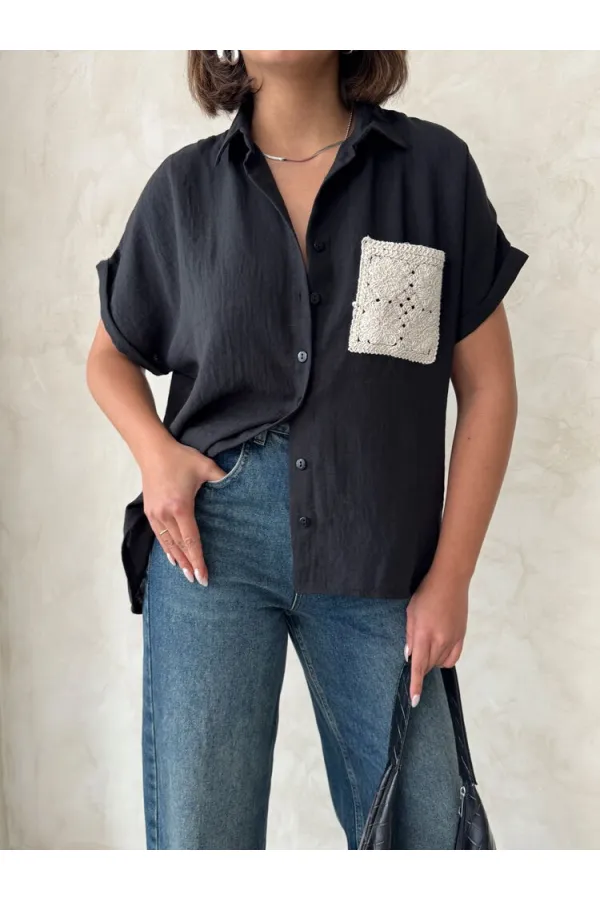 Chemise en lin noir brut Topshow avec poche appliquée et poche appliquée - Vente en gros