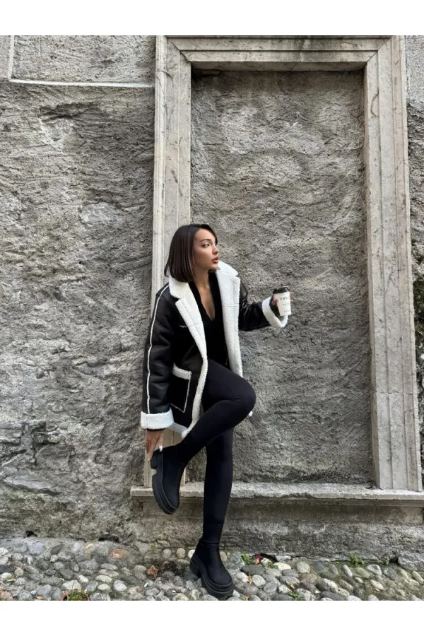 Deri Kürklü Toptan Mont - Siyah Krem | TOPSHOW | F1537