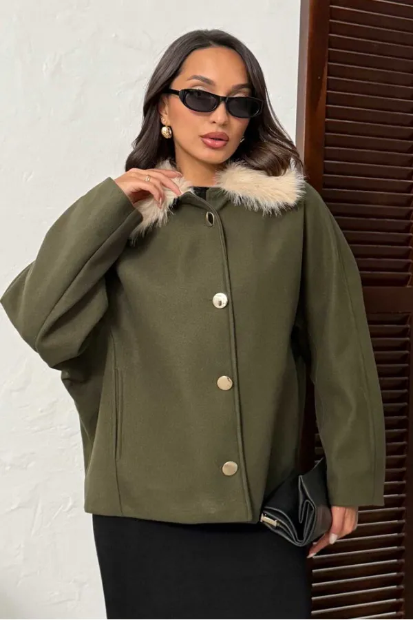 Manteau en cachemire à col peluche et boutons Topshow - Kaki | F2048