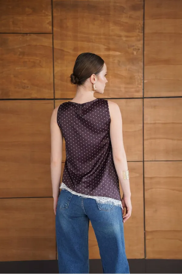 Lace Detail Polka Dot Satin T-Shirt - Coffee | D2961 - Topshow