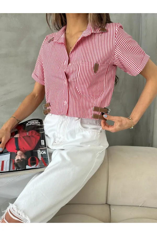 Topshow Red Striped Belt Detailed Striped Wholesale Shirt