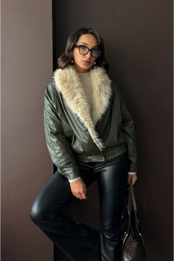 Yakası Kürklü Kruvaze Deri Mont - Haki