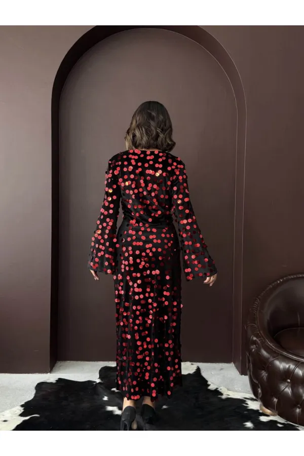 Topshow - Wholesale Sequined Velvet Blouse - Black Red