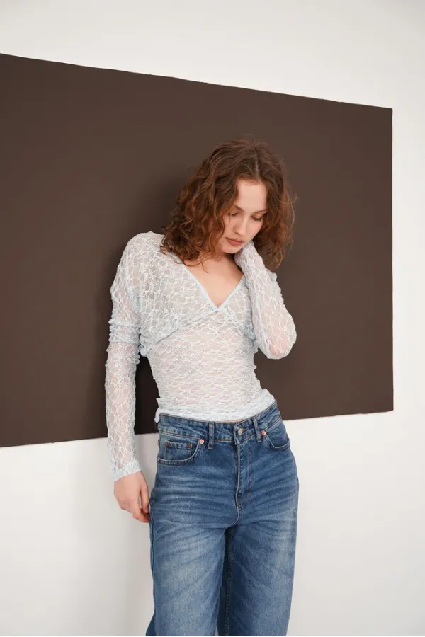 V Neck Guipure Wholesale Blouse - Blue | F2093 - Topshow