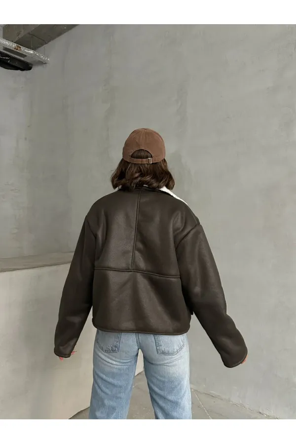 Manteau à col en fourrure nubuck en gros - Crème kaki | TOPSHOW | F1553