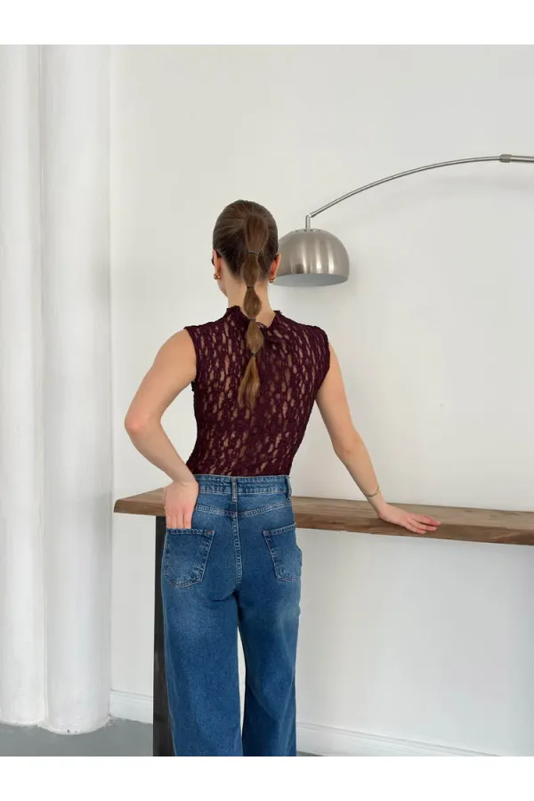 Sıfır Kol Dantel Bluz - Bordo | Topshow