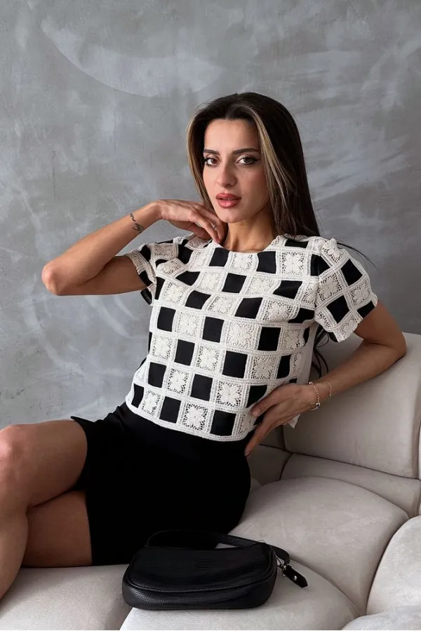 Topshow Raw Black Short Sleeve Checkerboard Pattern Crochet Wholesale Blouse