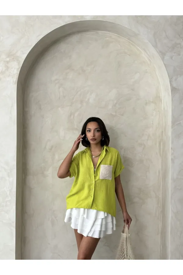 Topshow Pistachio Green Linen Raw Pocket Applique Pocket Linen Wholesale Shirt