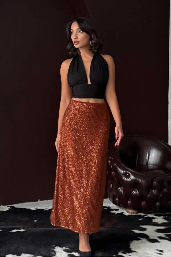 Topshow Brown Sequined Long Skirt - High Waist, Elegant Evening Dress Combination