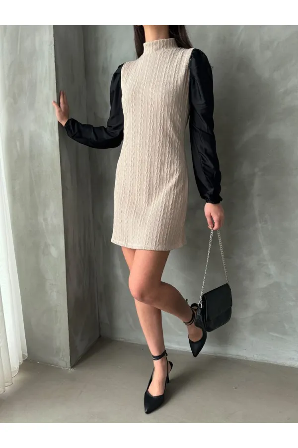 Leather Sleeved Turtleneck Knee-Length Wholesale Dress - Stone | TOPSHOW | F1143