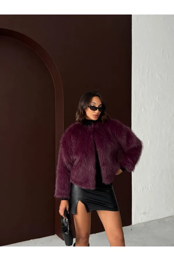 Topshow - Toptan Kürk Detaylı Mürdüm Kısa Ceket