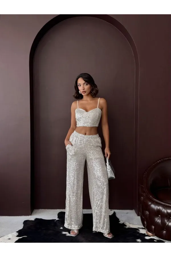 Topshow - Wholesale Sequined Wide Leg Women's Trousers - Stylish Night Outfit - Stone