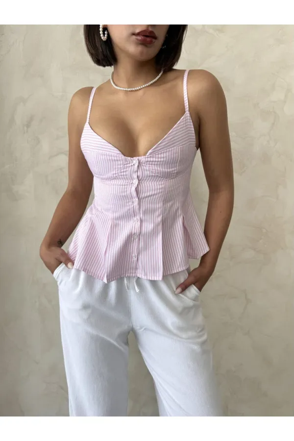 Blouse à bretelles rayées - Rose | Topshow